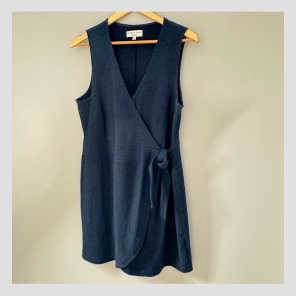 Madewell Texture + Thread Dress Navy Blue Faux Wrap Side Tie Sleeveless V-Neck… - Picture 4 of 15